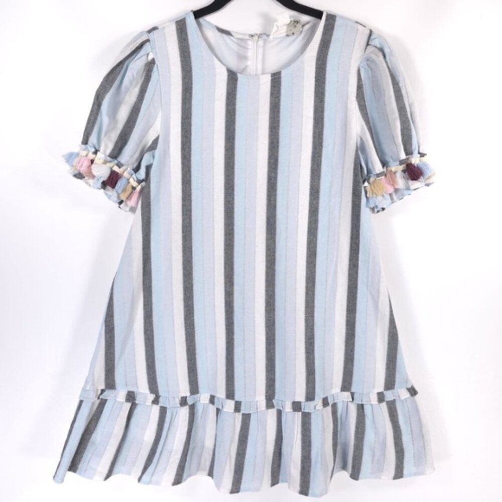 Loveriche Mini Dress Flare Striped Tassels Ruffled Hem Cotton LD42842 SMALL